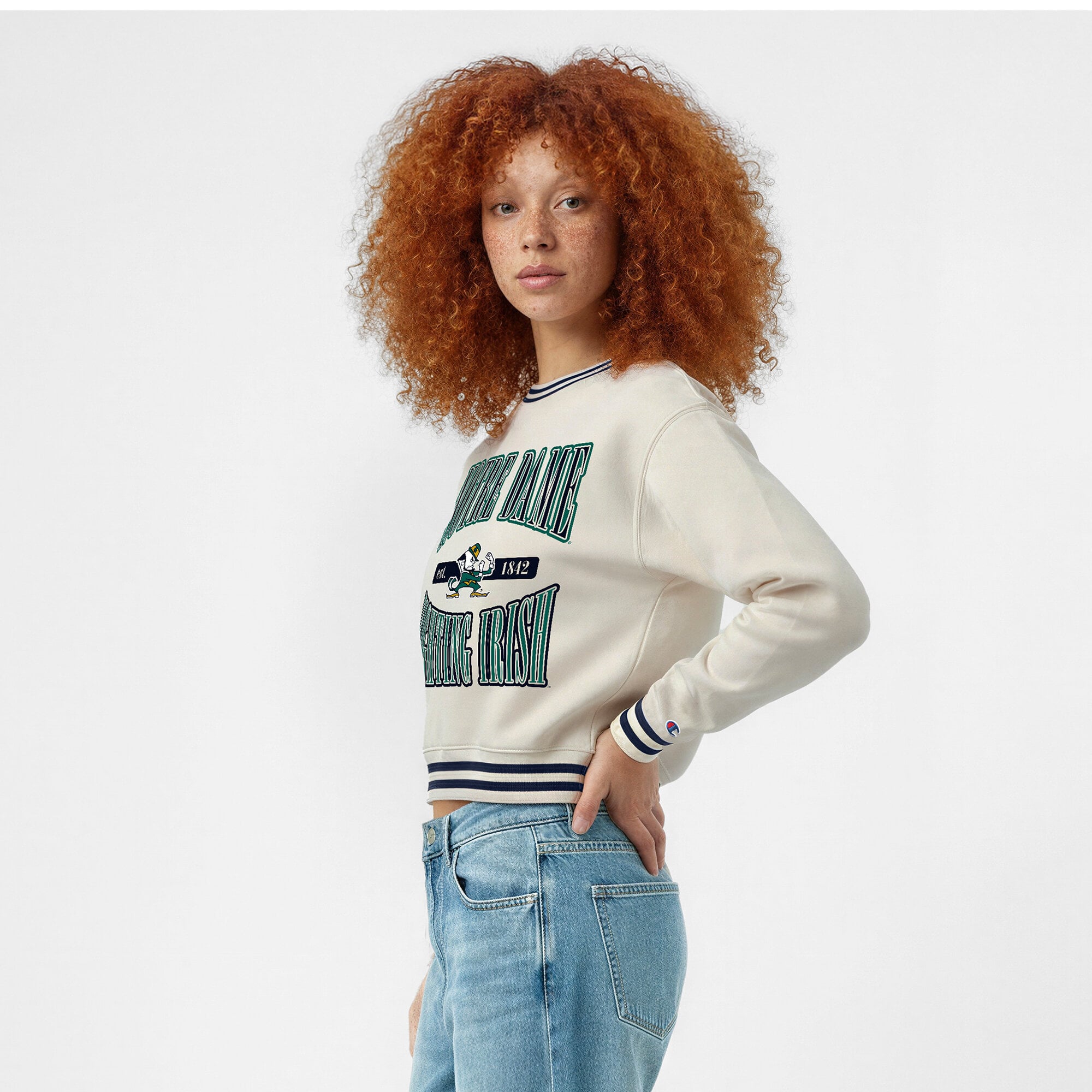 Sweat-shirt à col rond en maille côtelée inversée Champion White Notre Dame Fighting Irish pour femmes